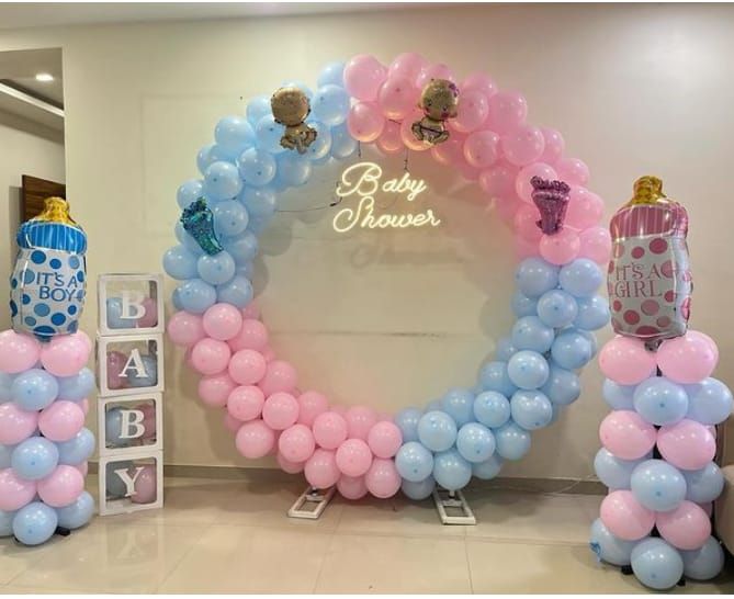 'Baby Shower' Neon Pink & Blue Ring with BABY Blocks & Bottles