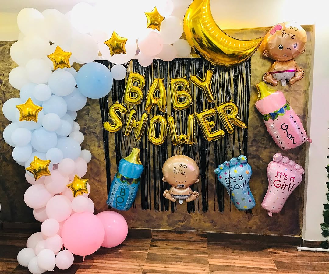 Gold 'BABY SHOWER' Black Curtain Wall Setup