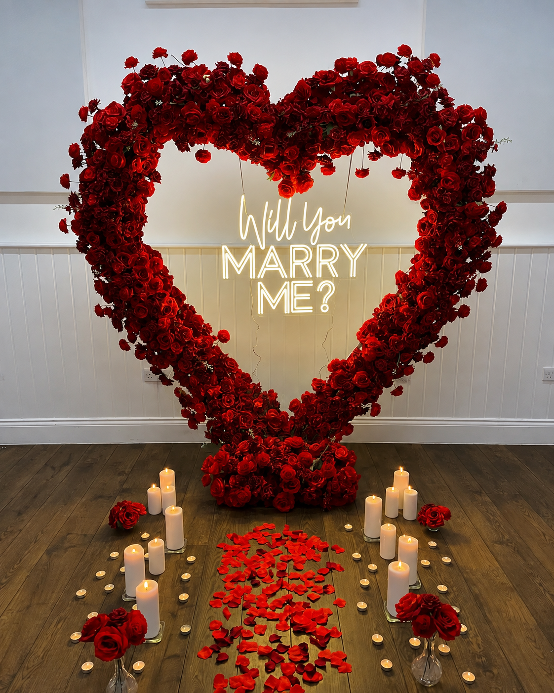 Red Rose Heart Arch with 'Will You Marry Me?' Neon