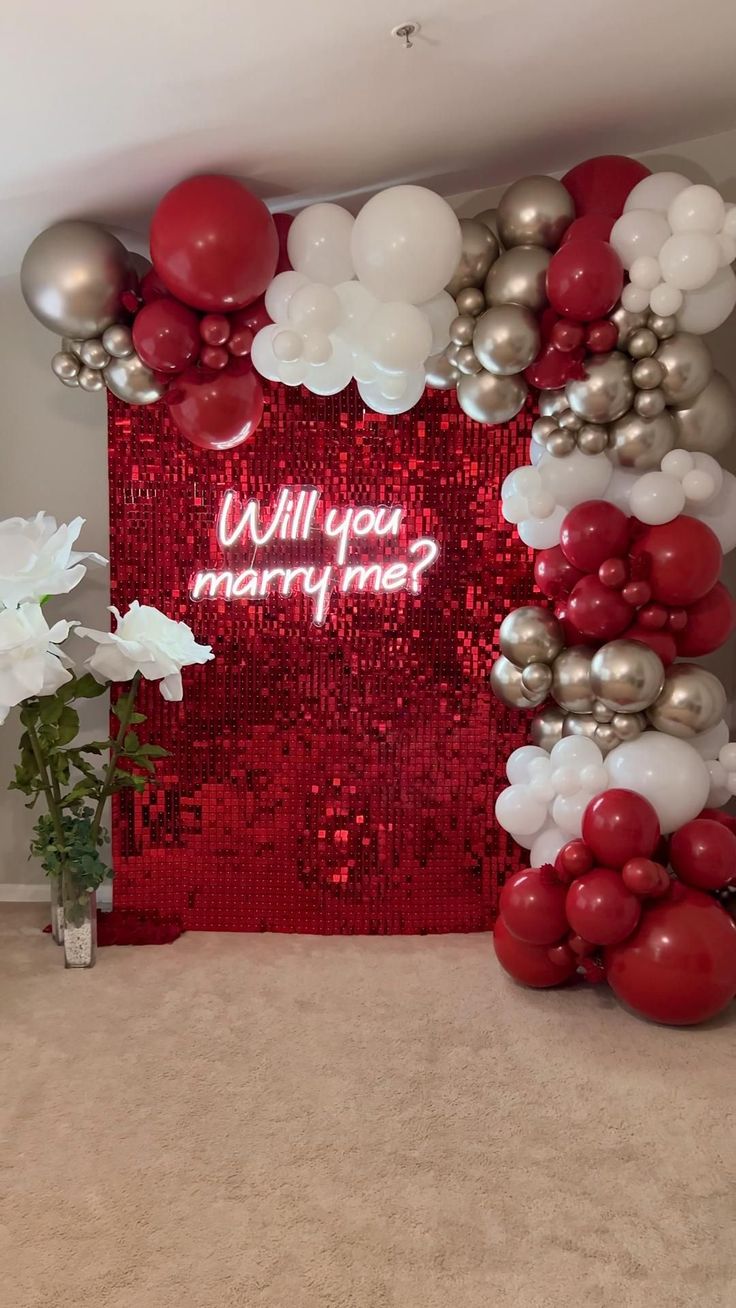 Red Sequin Wall 'Will You Marry Me?' Neon Setup