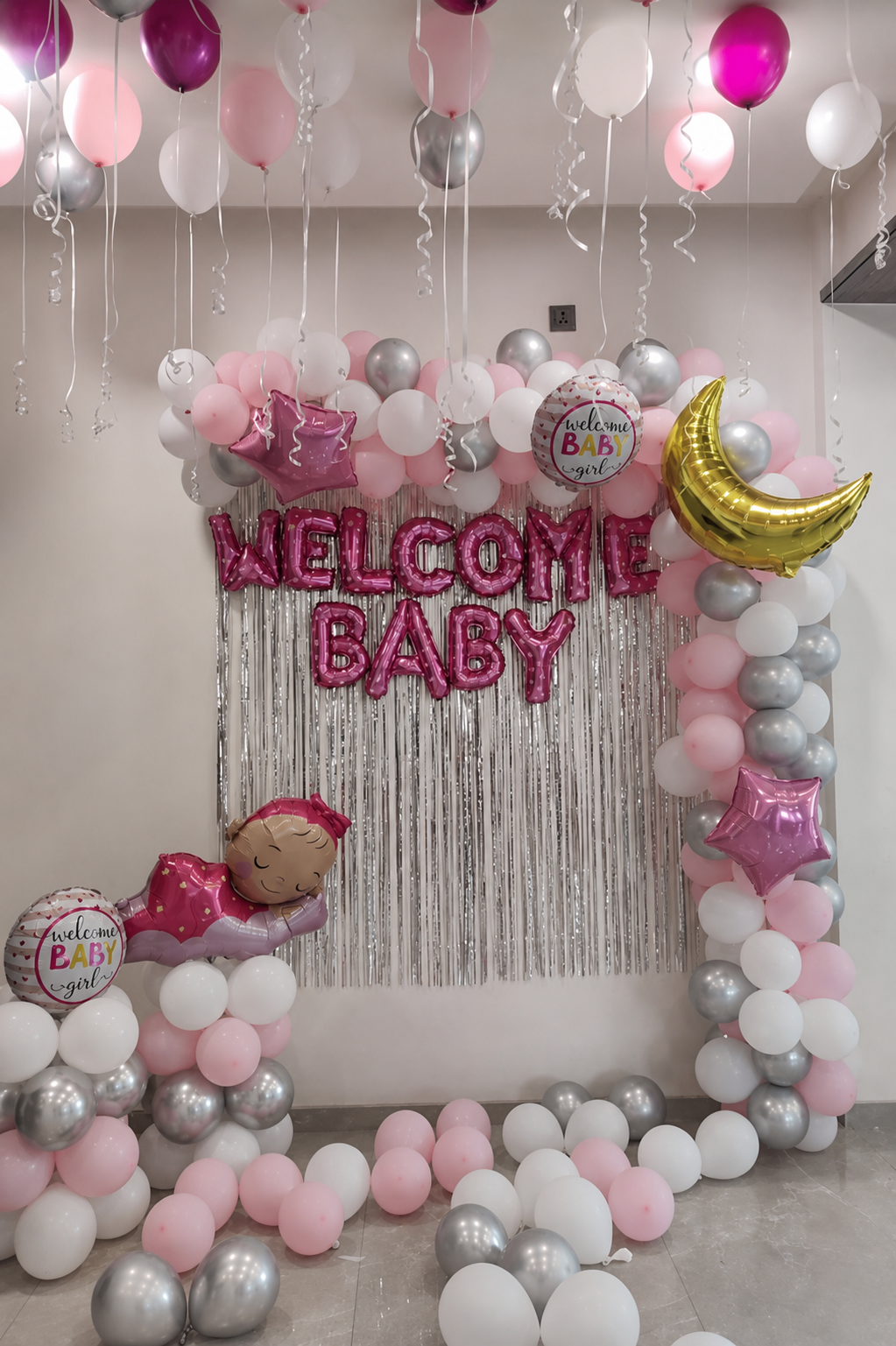 Silver Fringe & Pink 'Welcome Baby' Photo Frame