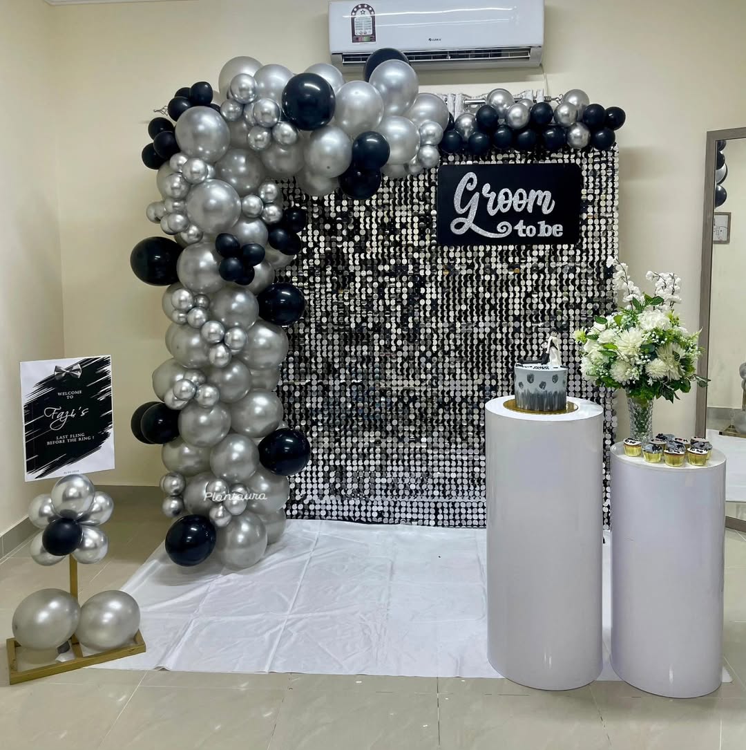 Black & Silver 'Groom To Be' Sequin Wall Setup