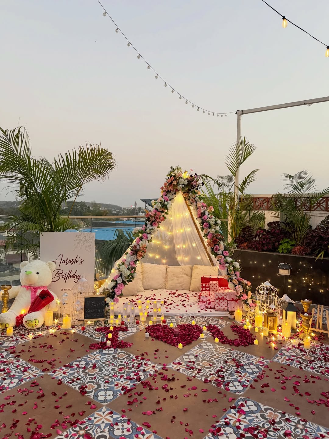 Rooftop Floral Cabana Sunset Date Setup