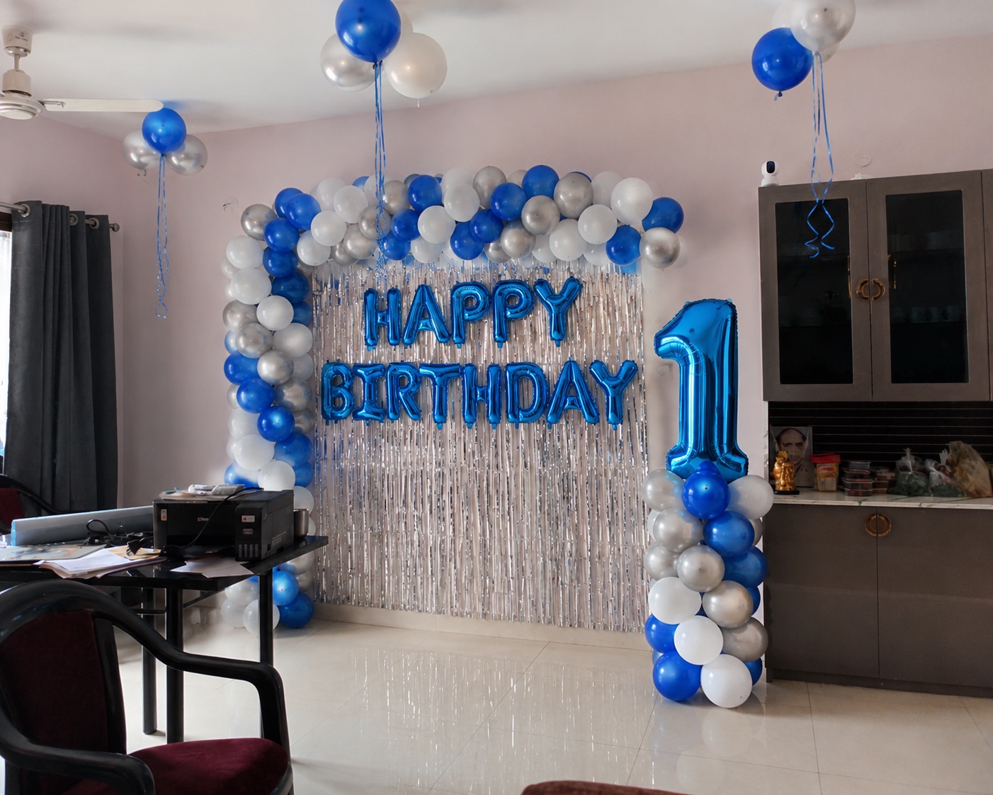 Royal Blue 1st Birthday Boy Foil Curtain Setup