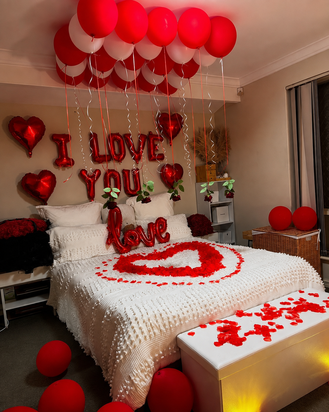 'I LOVE YOU' Foil Wall & Red-White Balloon Room