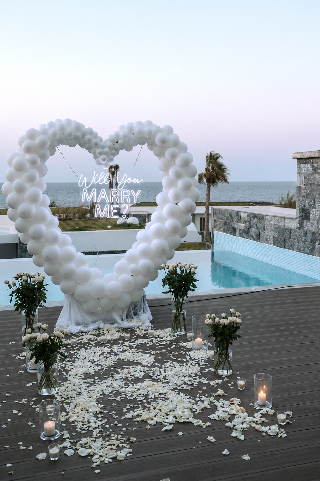 White Heart Balloon Arch Poolside Proposal