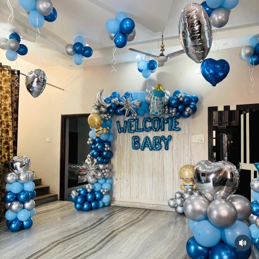 'Welcome Baby' Blue Fringe Room Setup with Heart Pillars