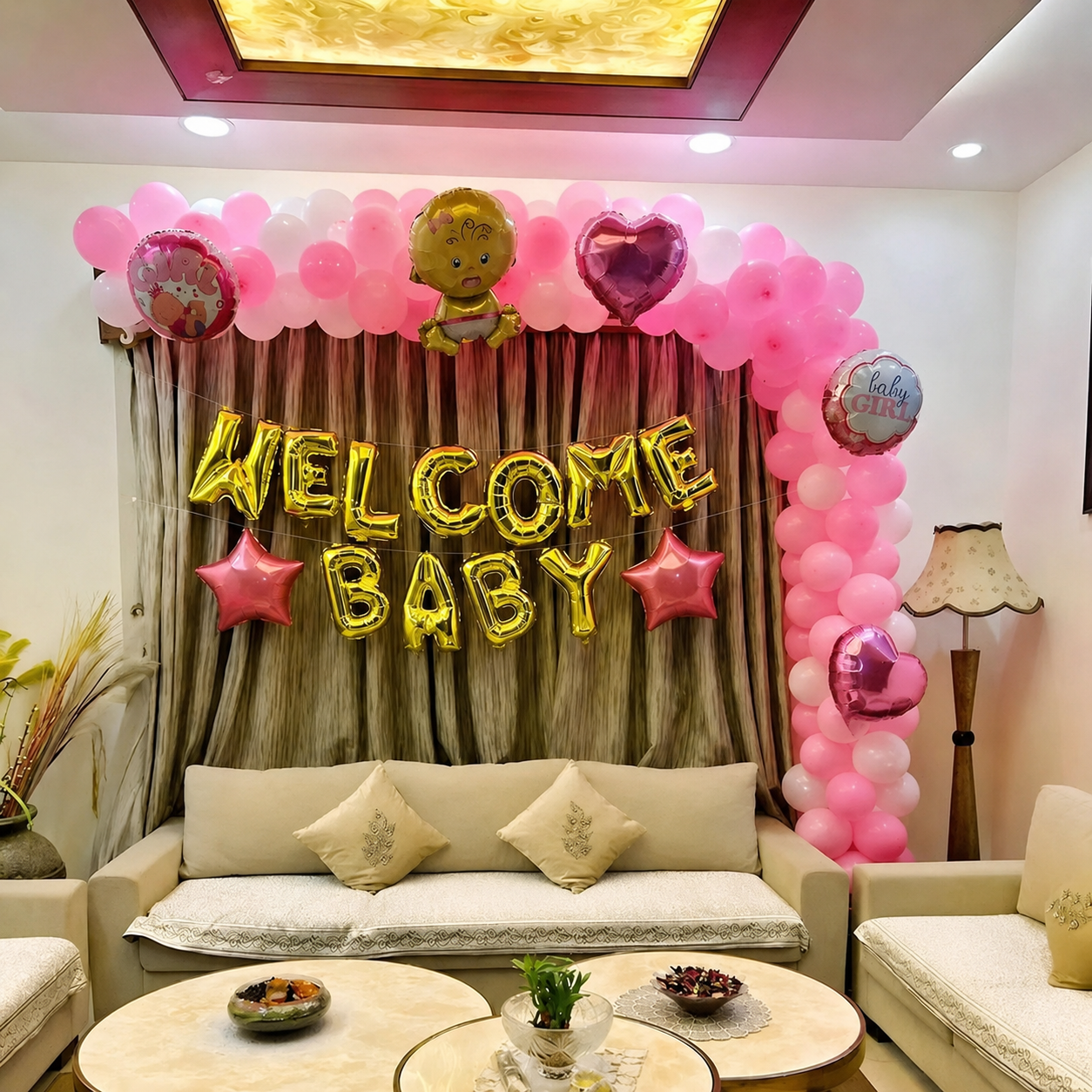 Pink & White Curtain 'Welcome Baby' Arch