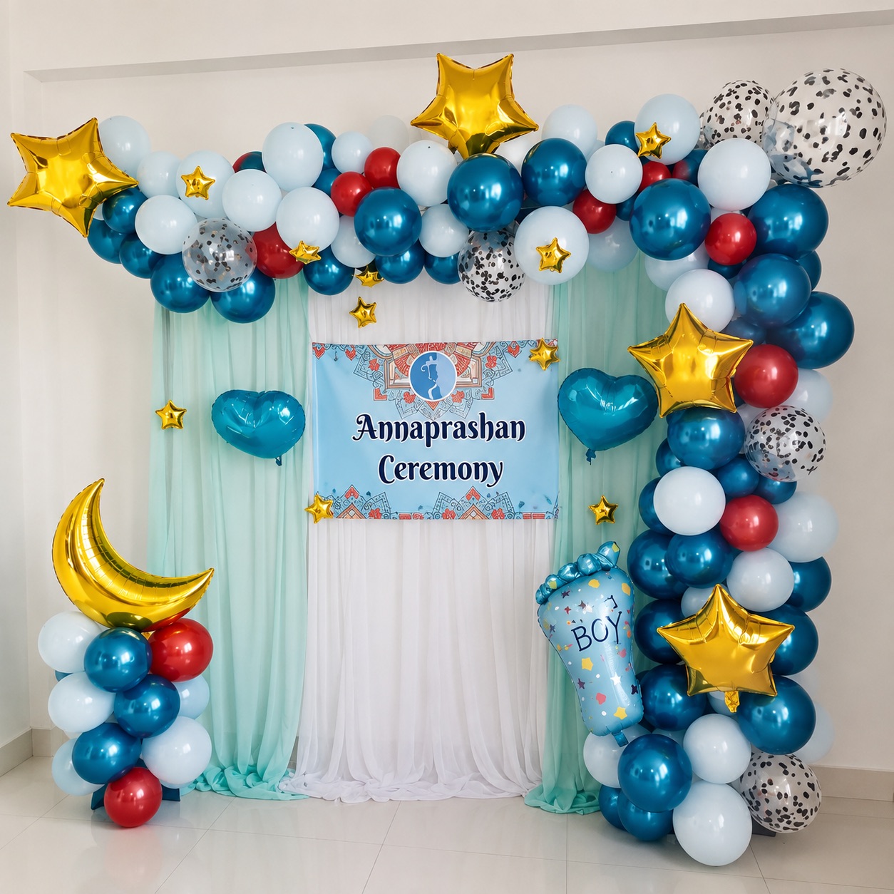 Teal, Red & Gold 'Annaprashan Ceremony' Arch