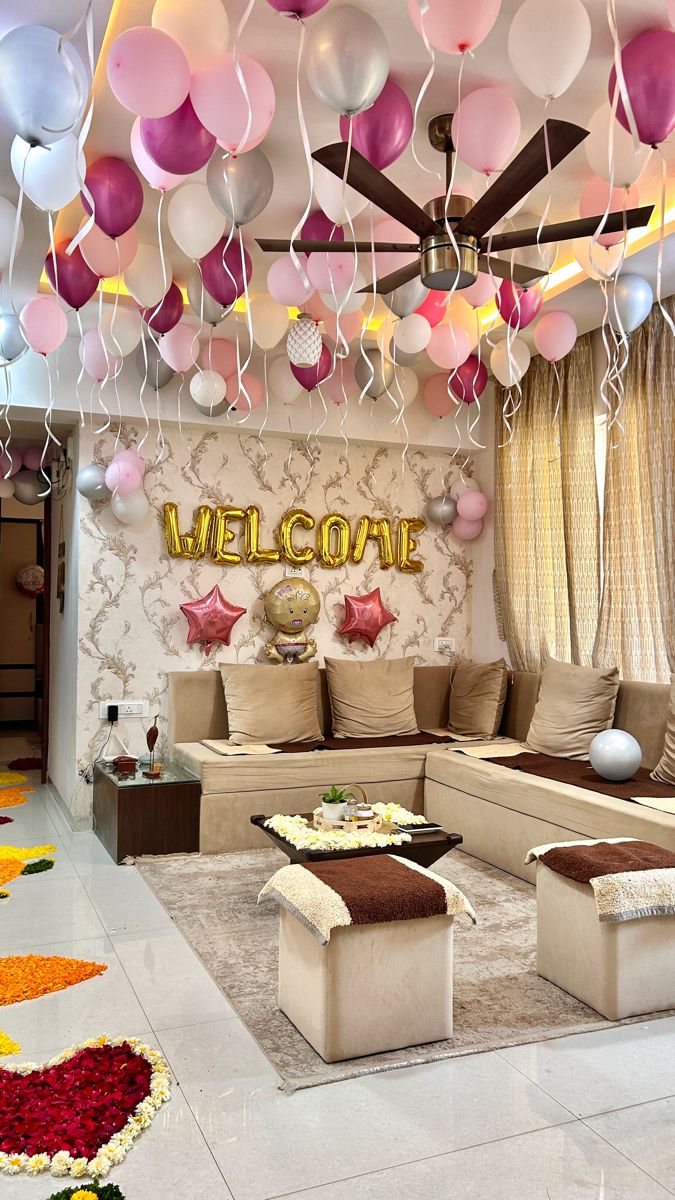 Ceiling Balloons & Floral Path Welcome Decor