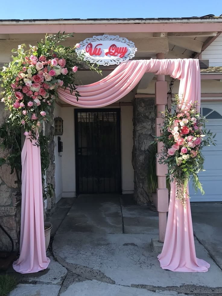 Pink Drape & Fresh Rose Entrance Gate