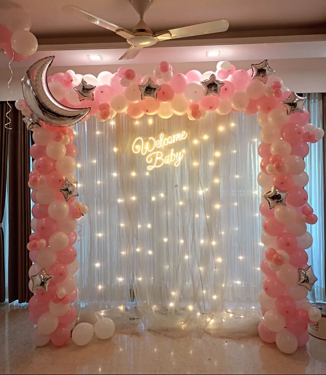Premium Pink Balloon Arch with Welcome Baby Neon