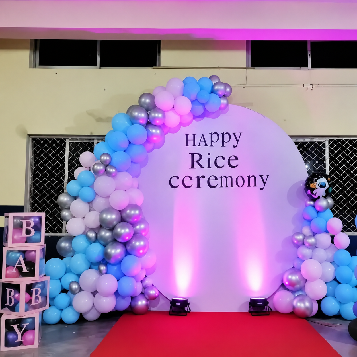 'Happy Rice Ceremony' Blue, Pink & Silver Round Arch