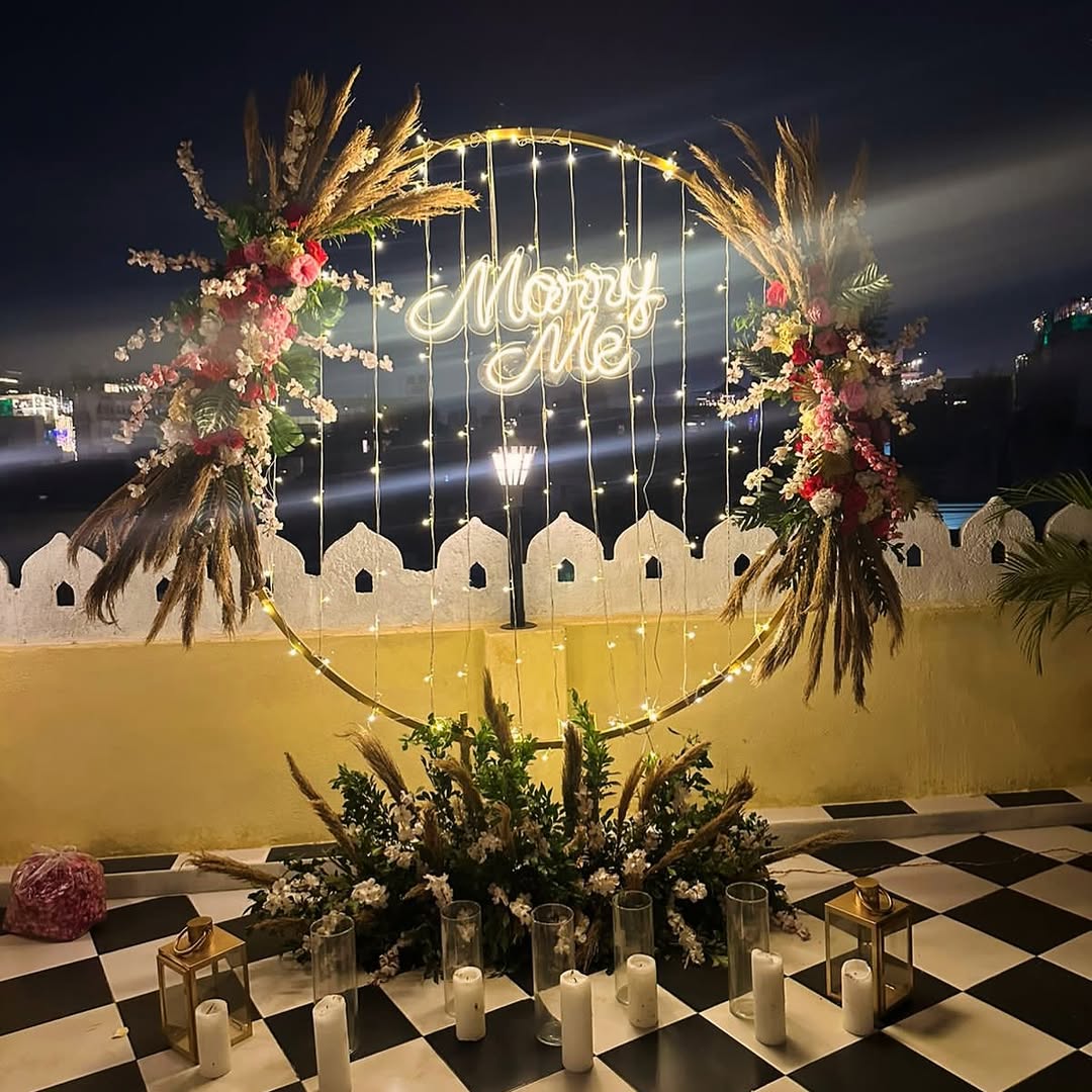 Rooftop Ring Arch with Pampas & 'Marry Me' Neon